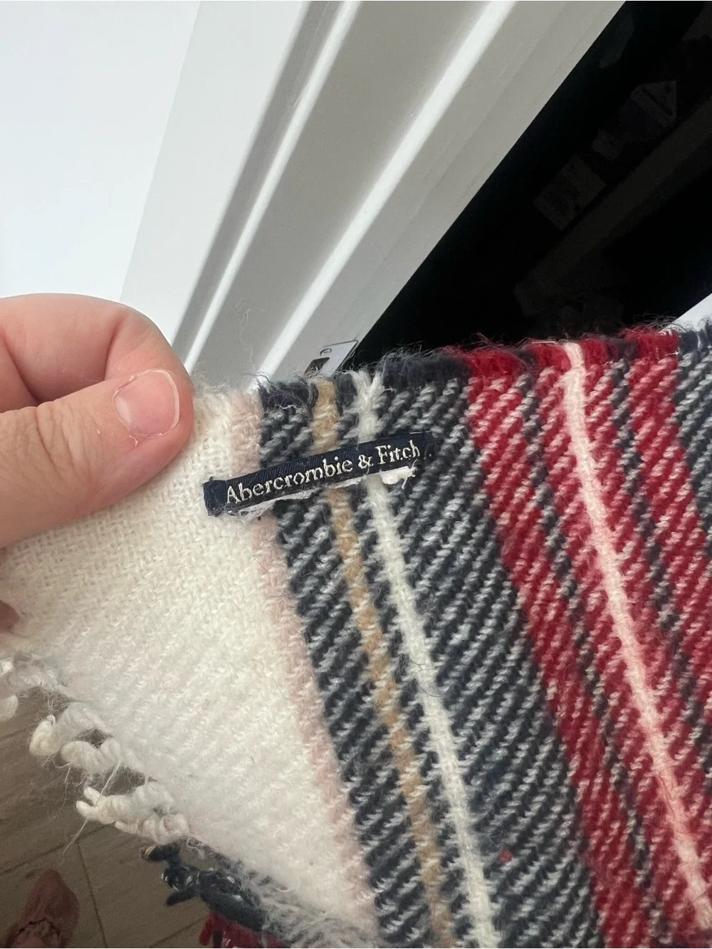 Abercrombie & Fitch Ivory Plaid Fringe Scarf with Red and Black